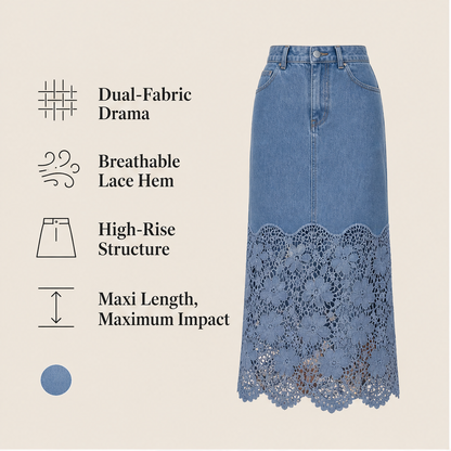 Denim Lace Hem Maxi Skirt | High-Waisted A-Line Style - Floral Crochet Trim features