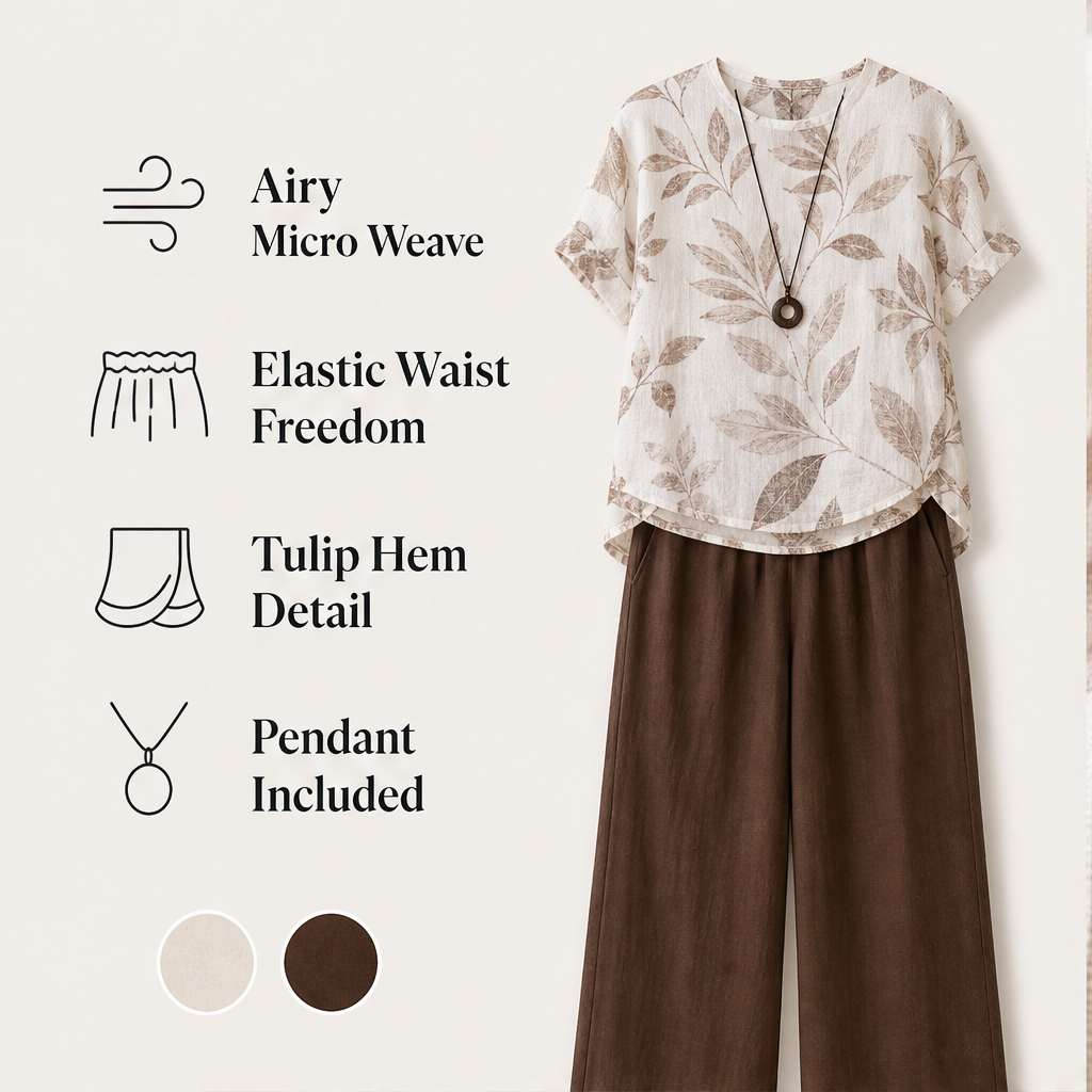 Elowen Women's Botanical Print T-Shirt Set - Breathable Polyester Top & Tulip Hem Trouser Loungewear Set features