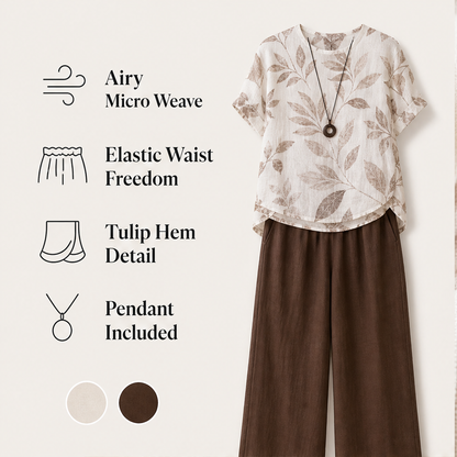 Elowen Women's Botanical Print T-Shirt Set - Breathable Polyester Top & Tulip Hem Trouser Loungewear Set features