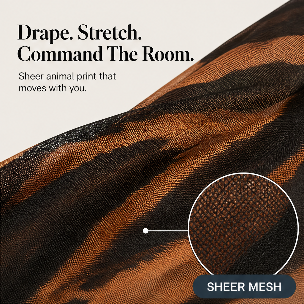Brown Tiger Print Shawl Top & Skirt Set | Asymmetric One-Shoulder Two-Piece - Sheer Mesh Evening Wear features
