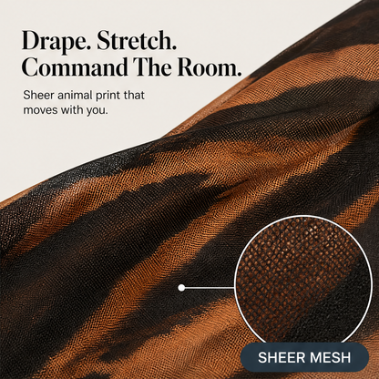 Brown Tiger Print Shawl Top & Skirt Set | Asymmetric One-Shoulder Two-Piece - Sheer Mesh Evening Wear features