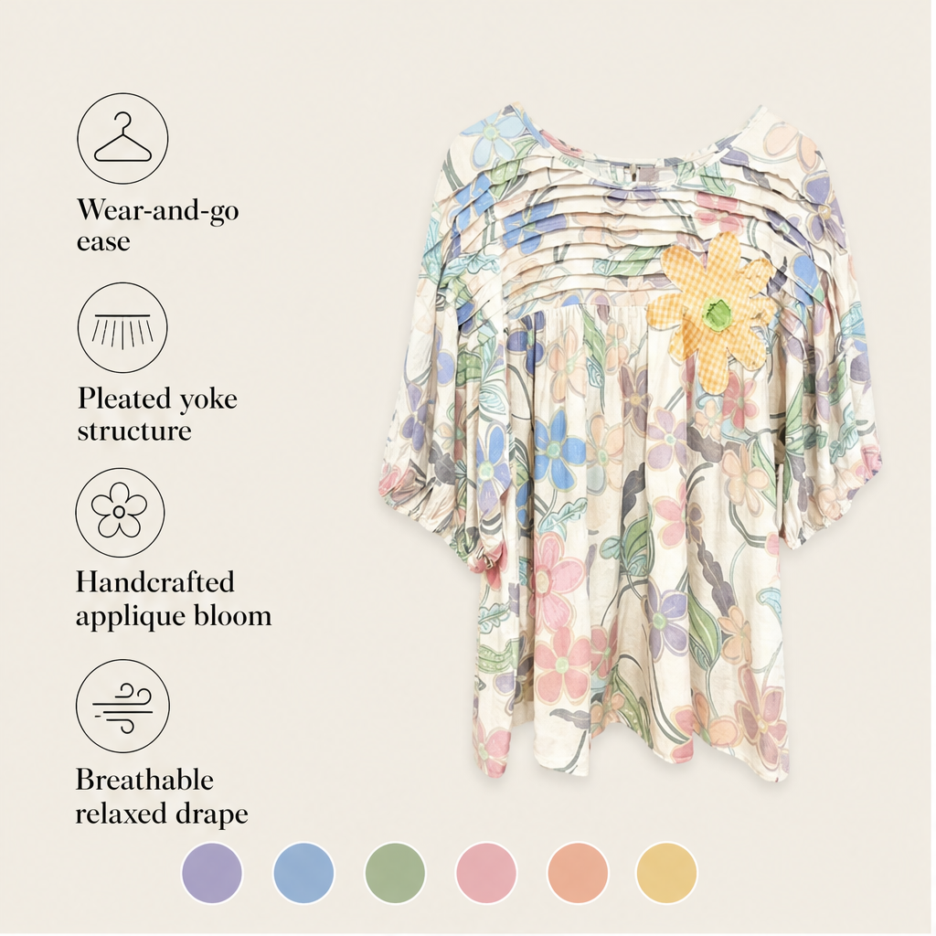 Ivory Floral Print Blouse | Pleated Applique Puff Sleeve Top - Loose Fit Cotton Blend features