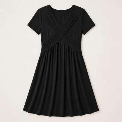 Verona Women's Cross-Front V-Neck Pleated A-Line Dress with Pockets - Short Sleeve Midi Dress Black