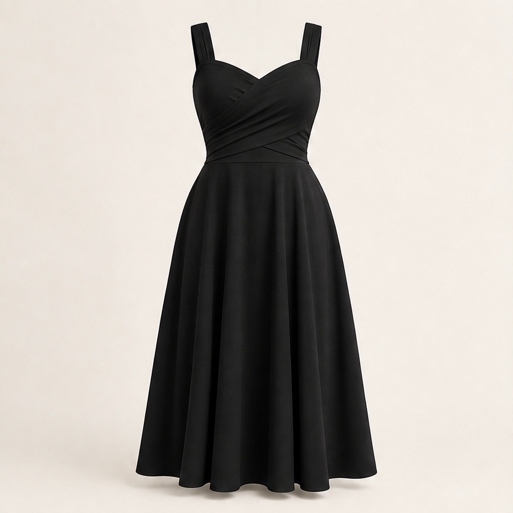 White Criss-Cross Waist Midi Dress | Fit and Flare A-Line Dress for Women - Sweetheart Neckline with Pockets Black
