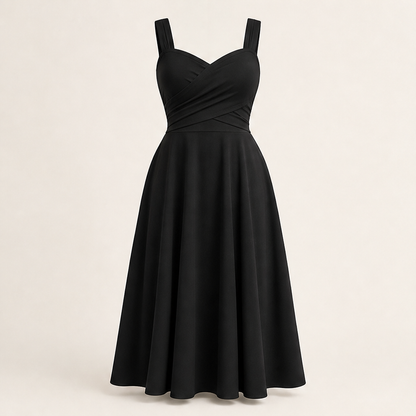 White Criss-Cross Waist Midi Dress | Fit and Flare A-Line Dress for Women - Sweetheart Neckline with Pockets Black