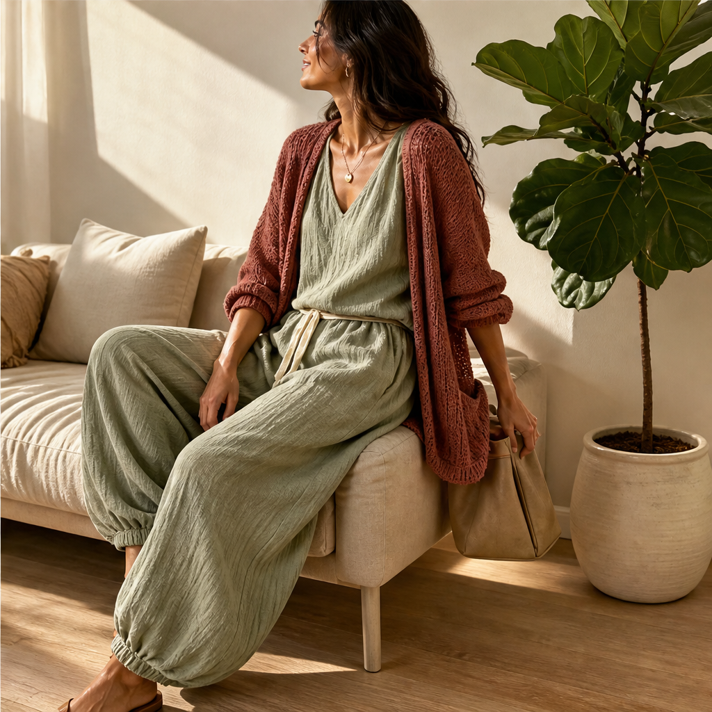 Green Three-Piece Harem Trouser Set | Tank Top, Cardigan & Wide-Leg Pants - Women's Knit Loungewear features