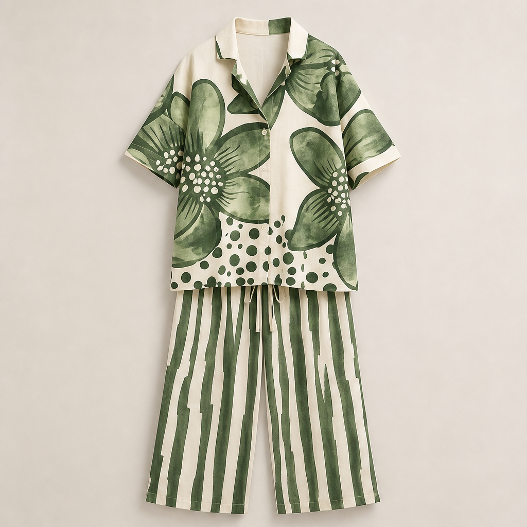 Green Floral Print Two-Piece Set | Short Sleeve Top & Wide Leg Trousers - Women's Loose Fit Matching Set Green