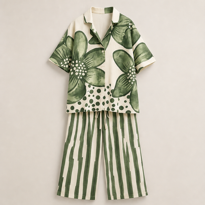 Green Floral Print Two-Piece Set | Short Sleeve Top & Wide Leg Trousers - Women's Loose Fit Matching Set Green
