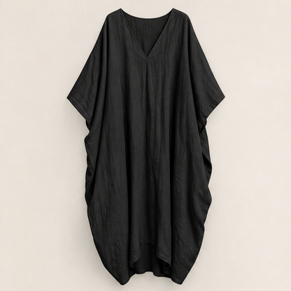 Marlowe Women's Loose-Fitting Linen Cocoon-Style Batwing Sleeve Maxi Kaftan Dress Black