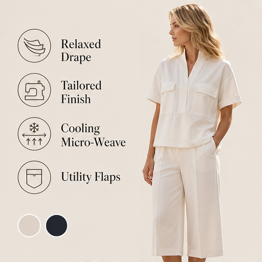 White Tailored Two-Piece Set | Short Sleeve Top & Wide-Leg Culottes - Smart Casual Matching Set features