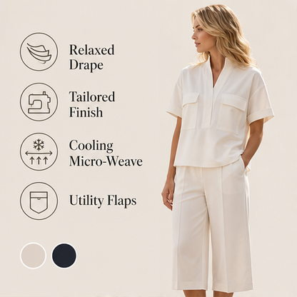 White Tailored Two-Piece Set | Short Sleeve Top & Wide-Leg Culottes - Smart Casual Matching Set features