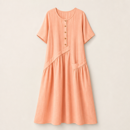 Sky Blue Cotton Linen Maxi Dress | Short Sleeve Button-Front Summer Dress with Pockets Peach