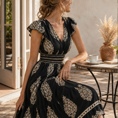 Black Baroque Print Maxi Dress | V-Neck Smocked Waist Summer Dress - Flutter Sleeve Boho Style features