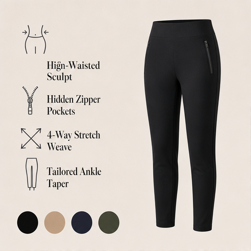 Black High-Waisted Cargo Pants | Tummy Control Stretch Trousers - Zip Pockets, Tapered Leg features