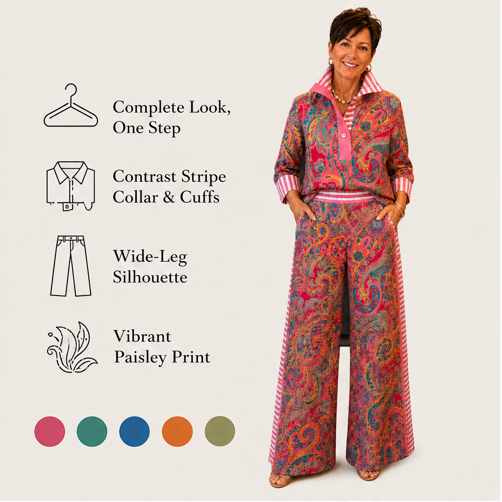 Pink Paisley Two-Piece Set | Contrast-Stripe Wide-Leg Trouser & Top - Women's Matching Set features
