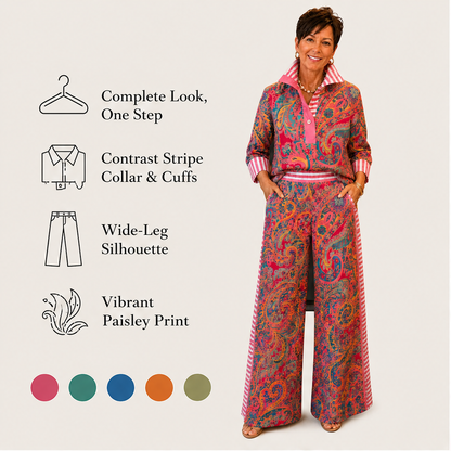 Pink Paisley Two-Piece Set | Contrast-Stripe Wide-Leg Trouser & Top - Women's Matching Set features