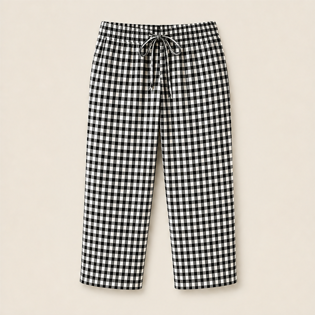 Gingley Women's Cotton-Linen Gingham Capri Pants with Pockets - Drawstring Elastic Waist Summer Trousers Black Gingham