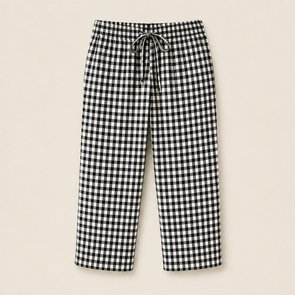 Gingley Women's Cotton-Linen Gingham Capri Pants with Pockets - Drawstring Elastic Waist Summer Trousers Black Gingham