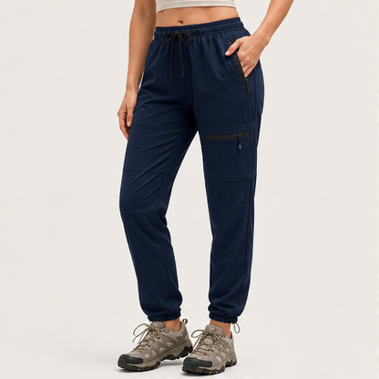 Navy Quick Dry Trekking Pants | Women's Hiking Joggers - Zip Pockets, Elastic Waist detail