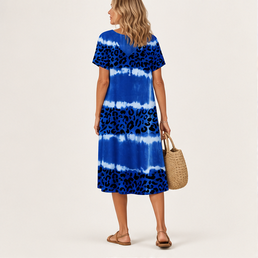 Blue Tie-Dye Leopard Print V-Neck Dress | Casual Shift Dress for Women - Short Sleeve Midi detail
