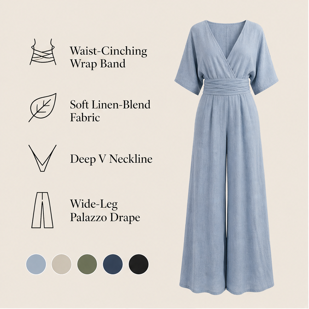 Light Blue V-Neck Jumpsuit | Wide-Leg Linen-Blend Playsuit - Wrap Waist Casual Wear features