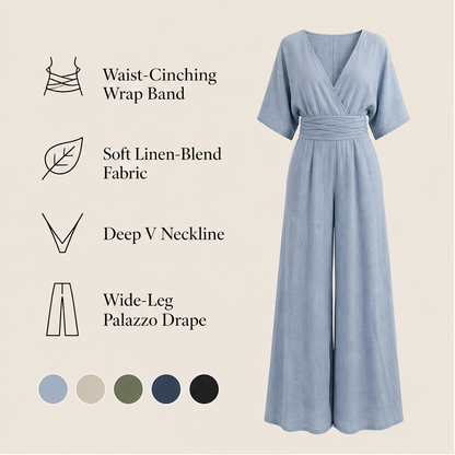Light Blue V-Neck Jumpsuit | Wide-Leg Linen-Blend Playsuit - Wrap Waist Casual Wear features