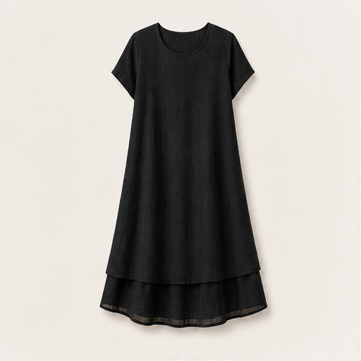 Black Loose Fit Midi Dress | Cotton Linen Tiered Hem Dress for Women - Round Neck A-Line detail