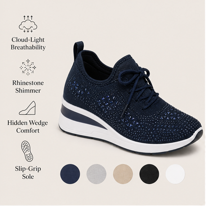 Navy Rhinestone Mesh Sneakers | Wedge Trainers with Sparkle - Breathable Lace-Up Shoes features