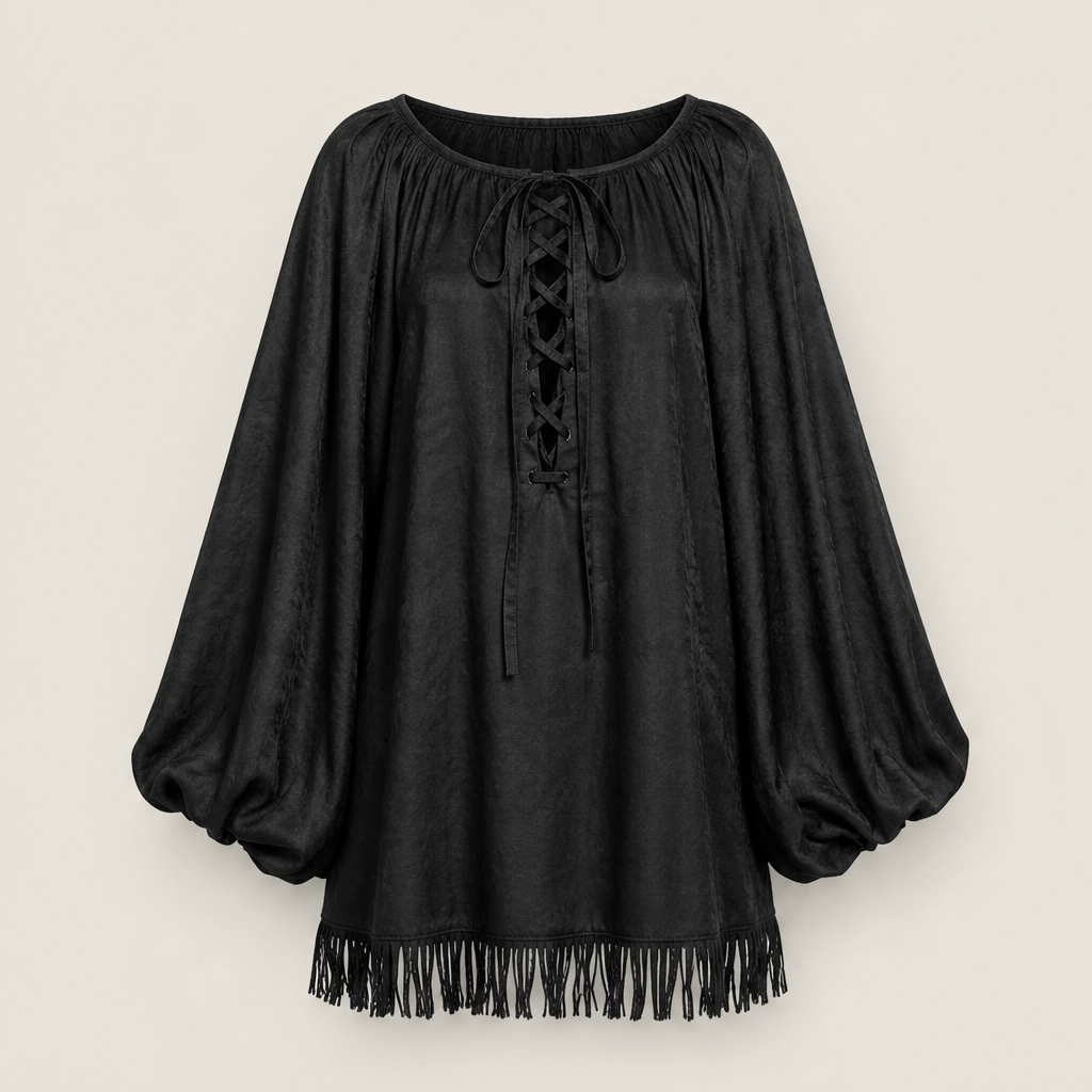 Marisol Women's Lace-Up Balloon Sleeve Tassel Hem Boho Mini Dress Black