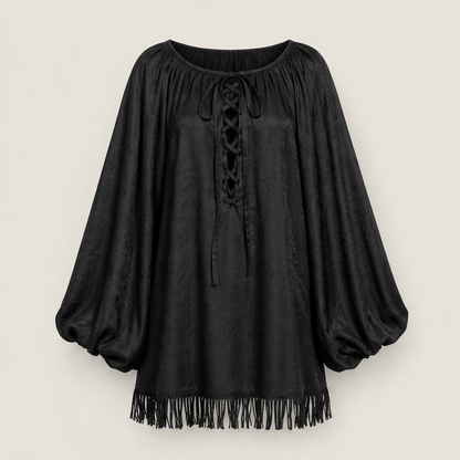 Marisol Women's Lace-Up Balloon Sleeve Tassel Hem Boho Mini Dress Black
