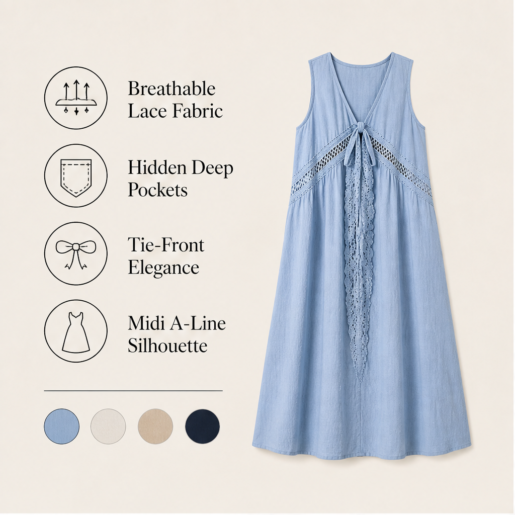 Marisol Women's V-Neck Tie-Front Lace Trim Midi Dress with Hidden Side Pockets - Sleeveless A-Line Summer Dress features