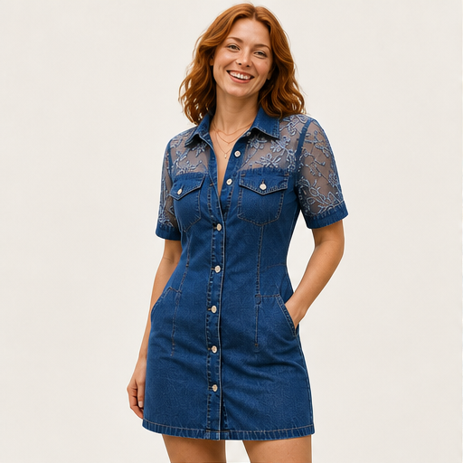 Denim Mini Dress | Sheer Lace Shirt Dress for Women - Button-Front with Pockets detail