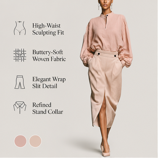 Pink Stand Collar Shirt & Midi Skirt Set | Two-Piece Suit - High-Waisted Skirt with Front Slit features