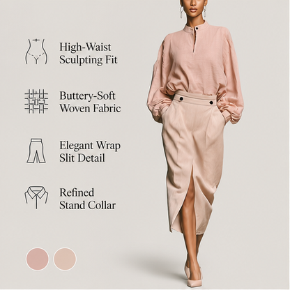 Pink Stand Collar Shirt & Midi Skirt Set | Two-Piece Suit - High-Waisted Skirt with Front Slit features