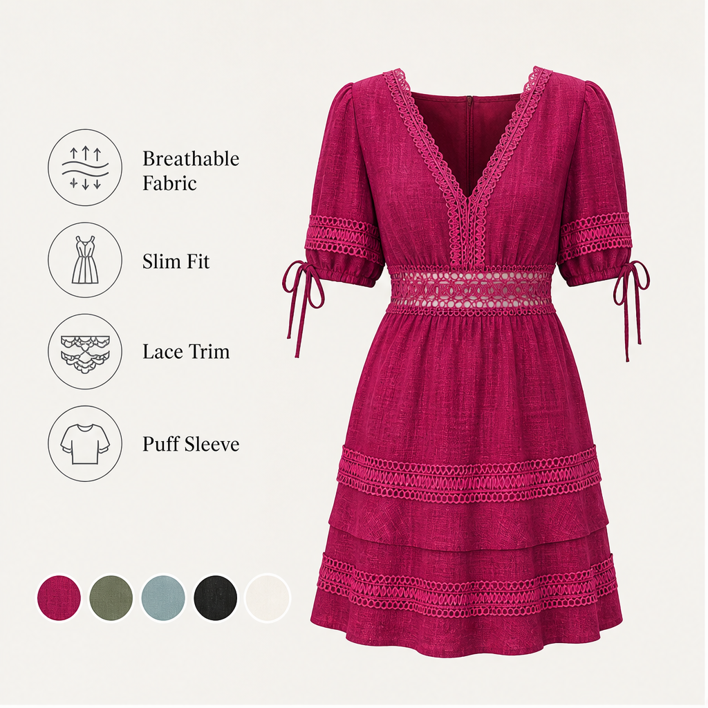 Marisol Women's V-Neck Lace Trim Puff Sleeve Tiered Ruffle Linen-Look Dress features