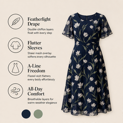 Navy Floral Chiffon A-Line Dress | Double-Layer Midi with Flutter Sleeves - Women's Occasion Wear features