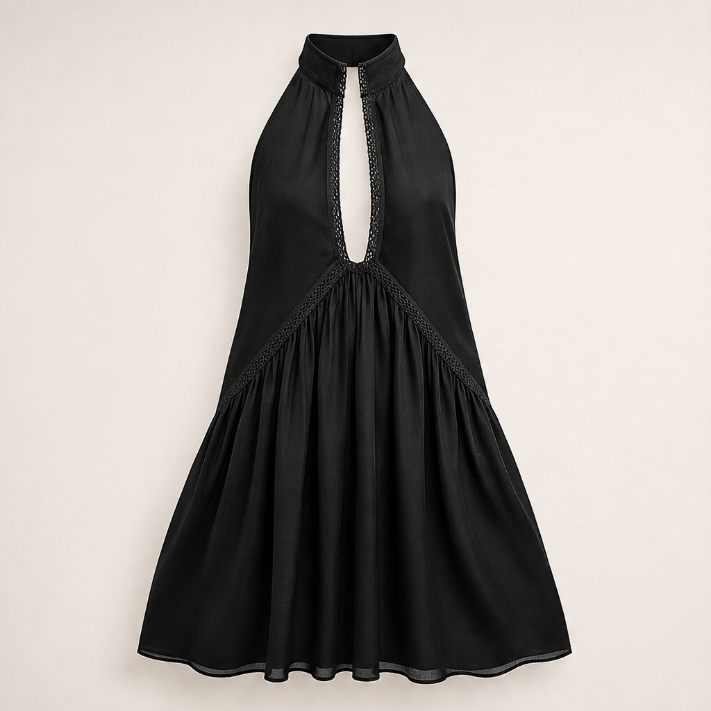 Marigold Women's Sleeveless Deep V-Neck Lace Trim Mini Dress - Flowy Halterneck Summer Dress Black