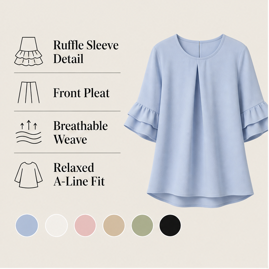 Light Blue Ruffle Sleeve Blouse | Tiered Bell Sleeve Top for Women - Round Neck with Front Pleat features