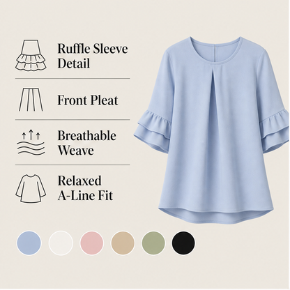 Light Blue Ruffle Sleeve Blouse | Tiered Bell Sleeve Top for Women - Round Neck with Front Pleat features