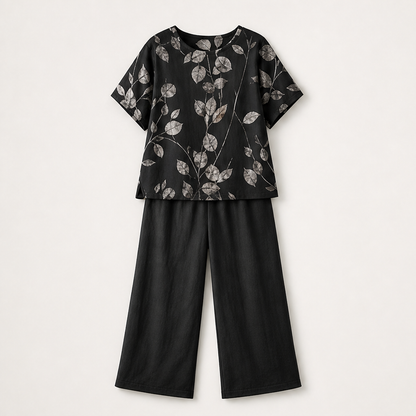 Lior Women's Botanical Print Top & Relaxed Fit Trousers Set - Elegant Two-Piece Loungewear Co-ord Black