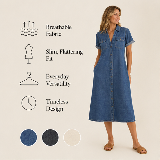 Denim Blue Shirt Dress | Casual Midi Dress for Women - Relaxed Fit with Pockets features