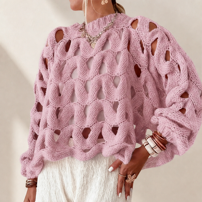 Black Cable Knit Jumper | Boho Hollow Out Balloon Sleeve Sweater - Oversized Spring Autumn Layer features
