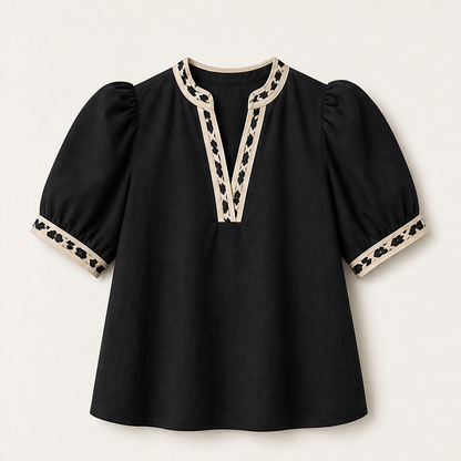 Marisol Women's Puff Sleeve Leopard Contrast Split Neckline Blouse Top Black