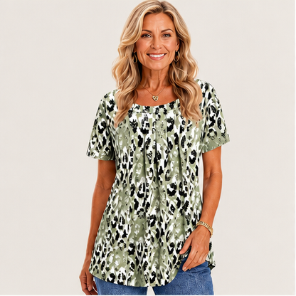 Sage Green Printed Top | Casual Leopard Print Short Sleeve Blouse - Round Neck Pleated Tunic detail