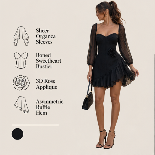Black Sheer Sleeve Mini Dress | 3D Rose Bustier with Ruffle Hem - Chiffon Balloon Sleeve features