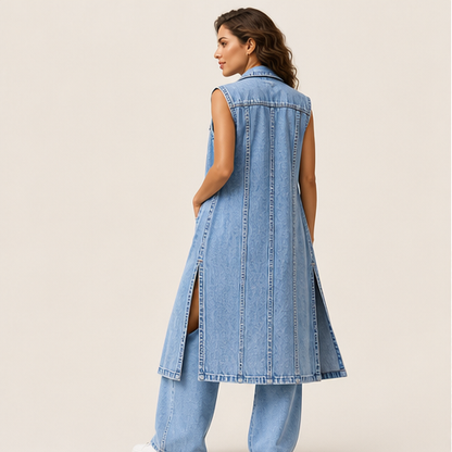 Light Wash Denim Vest Dress | Sleeveless Longline Jean Jacket - High Slit Midi detail