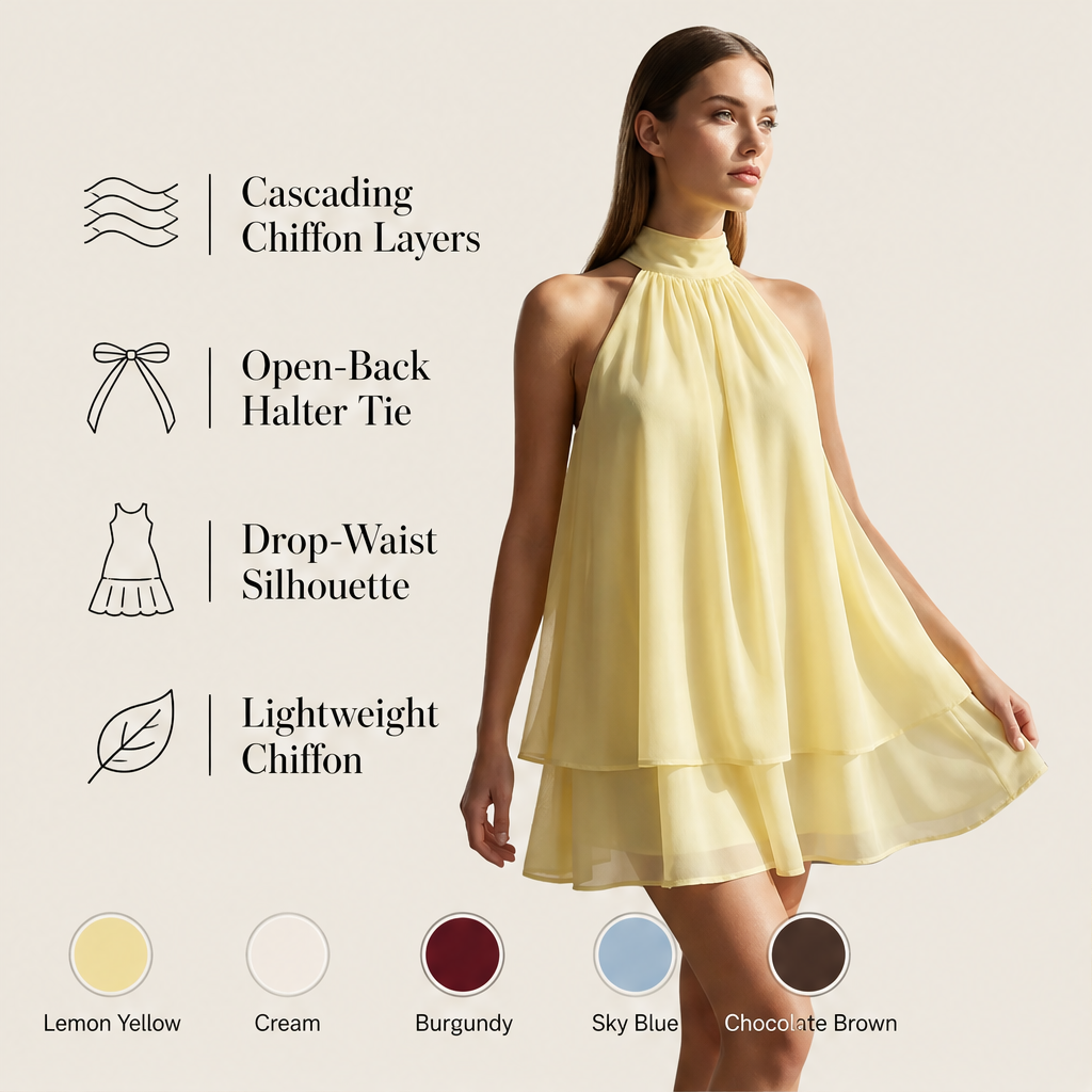 Marisol Women's Flowy Halter Drop-Waist Mini Dress - Backless Tiered Chiffon Summer Dress features