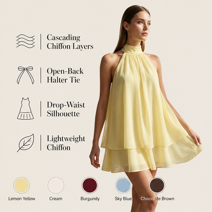 Marisol Women's Flowy Halter Drop-Waist Mini Dress - Backless Tiered Chiffon Summer Dress features
