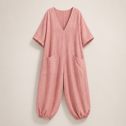 Rose V-Neck Jumpsuit | Relaxed Linen-Blend Playsuit for Women - Wide Leg with Pockets Rose