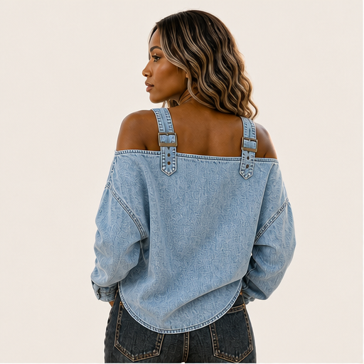 Light Blue Denim Off-Shoulder Top | Women's Buckle Strap Blouse - Long Sleeve Cropped Style detail
